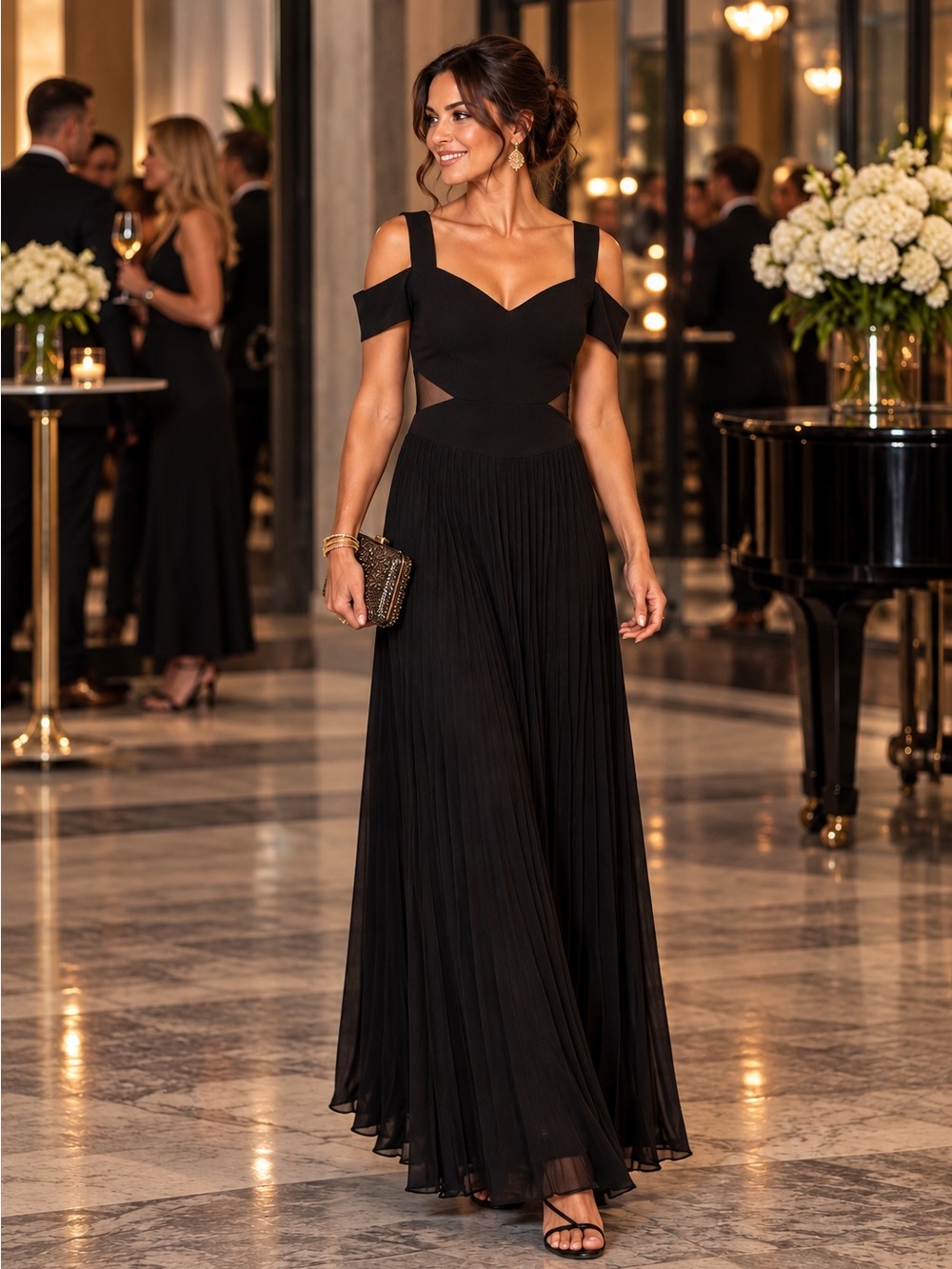 Xscape Women's Black Cold-Shoulder Pleated Evening Maxi Dress 14W